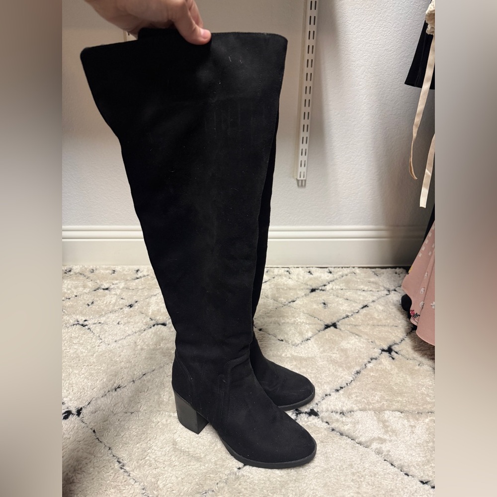 Women's Black Over-the-Knee Suede Block Heel Boots